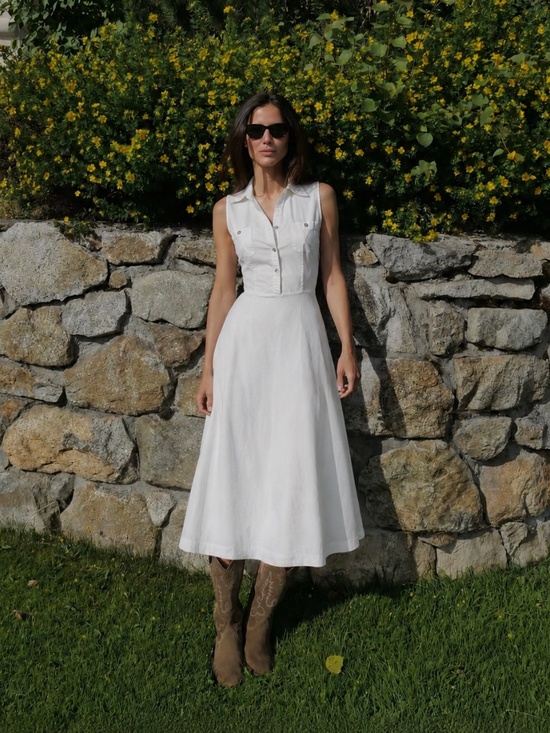 Vintage Dresses & Skirts - Cherokee White Khaki Midi Dress Size Medium Semi Formal Summer